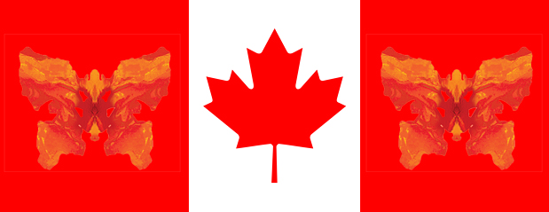 Canada Day Image - Red Maple Leaf in the middle with side red panels with blotter-flys in the red panels
