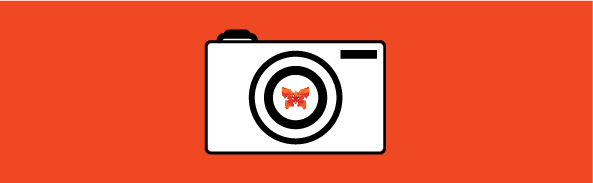 line illustration of a camera on an orange background