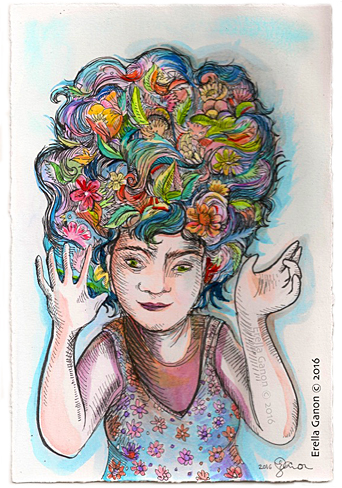 Colourful water colour illustration of Erella Ganon with a high hairdo with flowers, feathers, leaves in her colourful hair