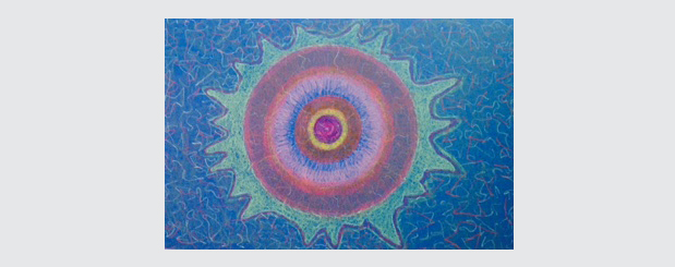 Migraine drawing with blue squiggly background - looks like the iris of the eye with a squiggly pink centre, yellow, orange, cobalt blue, soft pink, two more rings of orange/red and a green splash around