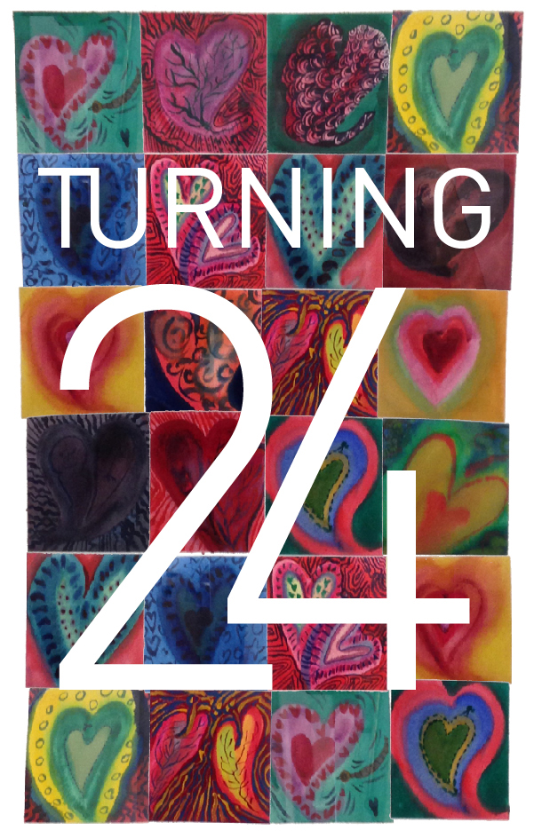 all kinds of hearts painted in all kinds of ways and colours in a checker board style with large words in white ontop saying TURNING 24