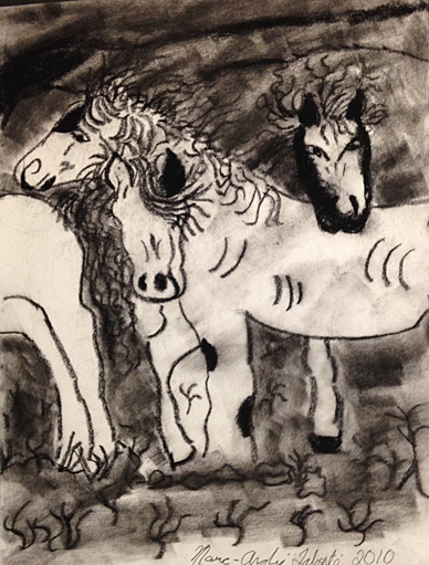 black and white, charcoal drawing with loose lines, group of horses